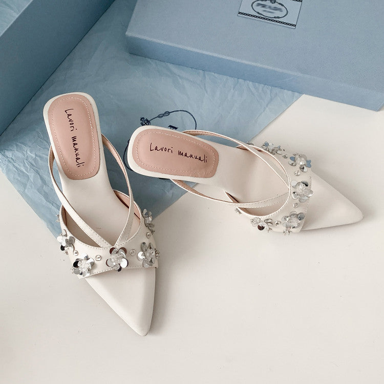 Karin Luna Bestseller Sequin Elements Elegant Pointed Toe Irregular Heel Slippers