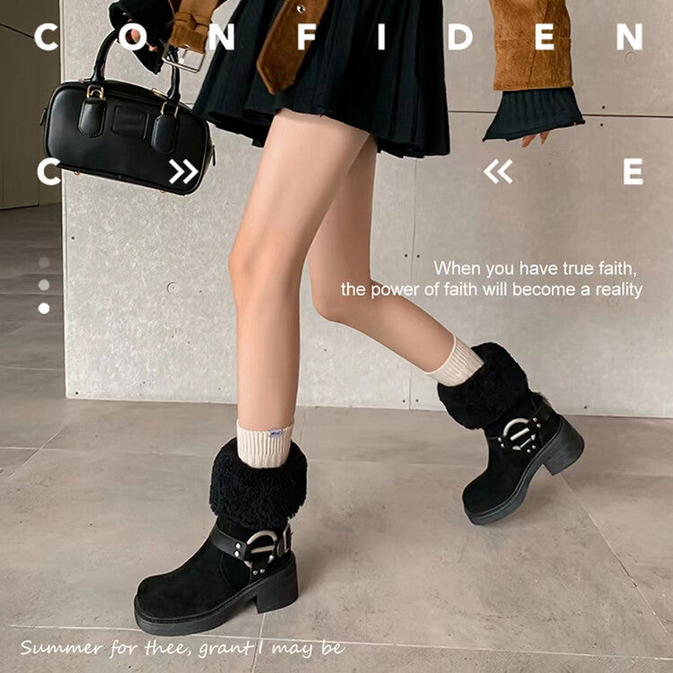 Karin Luna Genuine Lamb Wool and Cowhide Leather Hot-selling Metal Buckle Round Toe Chunky Heel Main Push Main Push