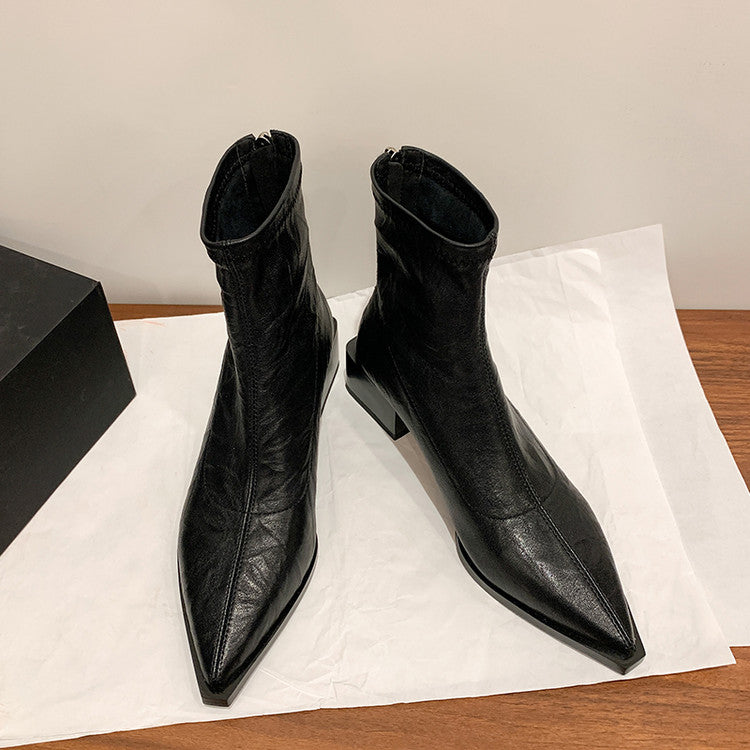 Karin Luna Elegant Style Pointed Toe Chunky Heel Short Boots
