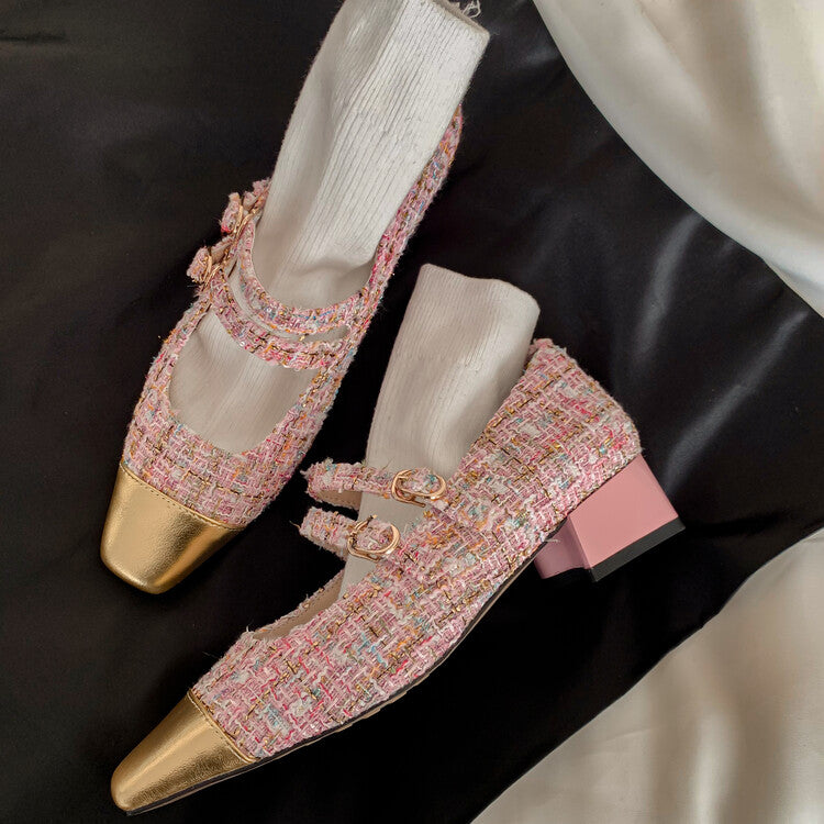 Karin Luna Classic Chanel Style~ Tweed Spring Limit Square Toe Chunky Heel Mary Jane Strap Single Shoes