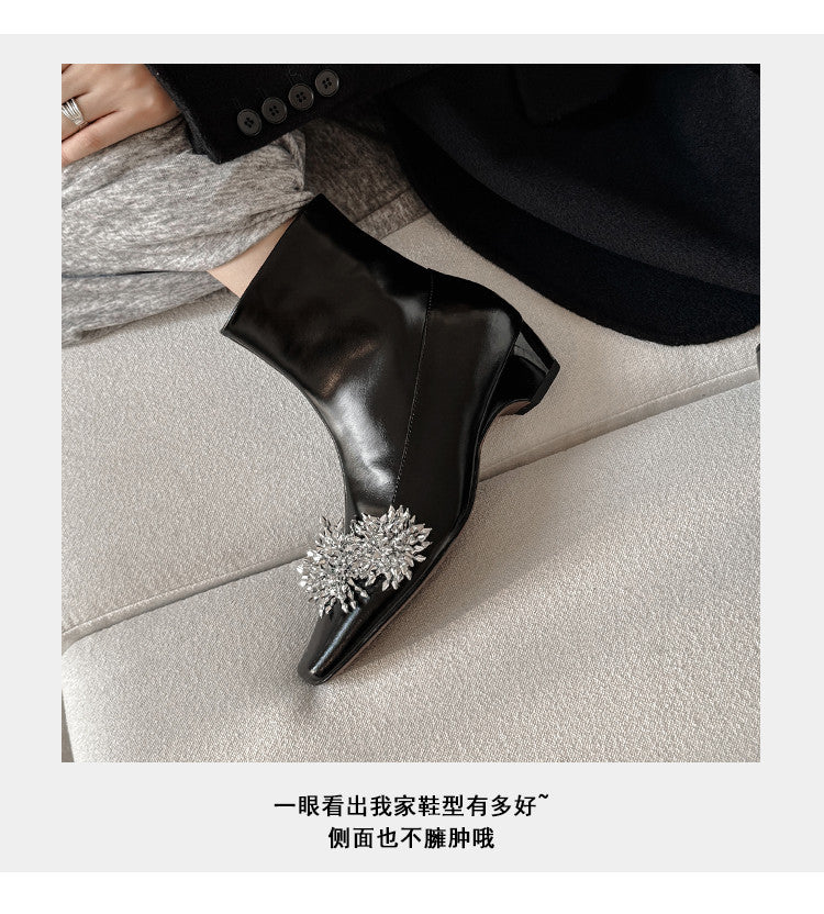 Karin Luna Elegant Style Square Toe Flower Design Height Increasing Short Boots with Two Front and Back Options