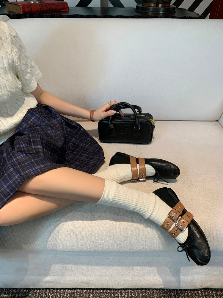 Karin Luna In Stock Spot Goods Minimalist Retro Round Toe Mary Jane Bowknot Height-Increasing Flats