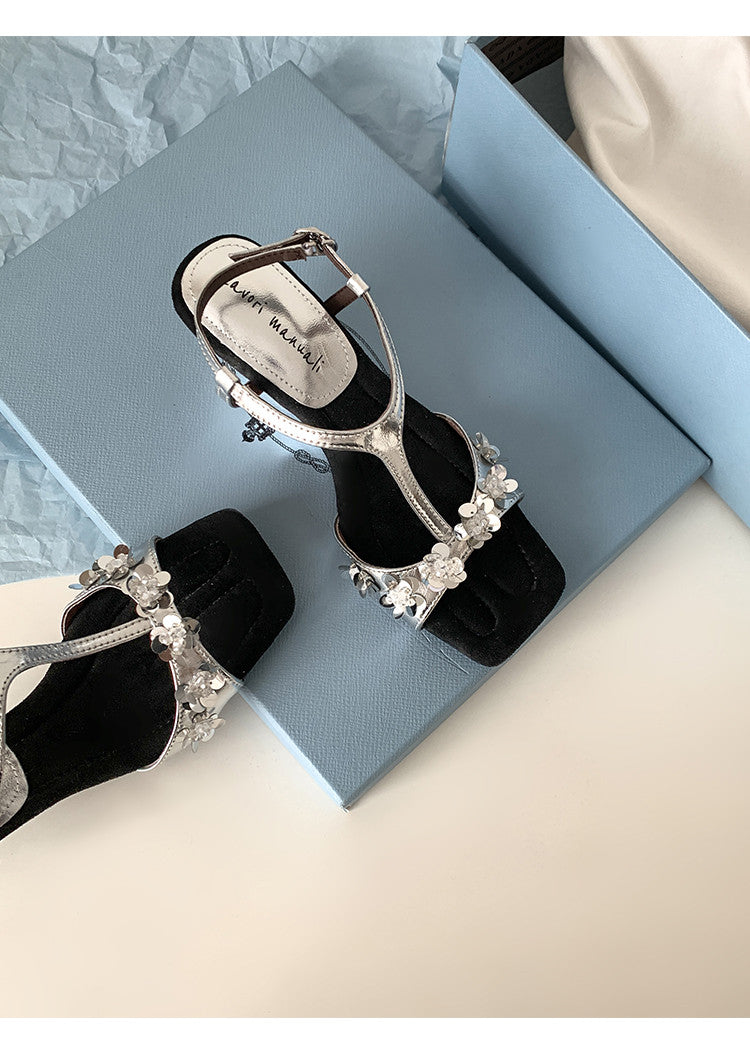 Karin Luna Hot-Selling Sequin Floral Series ~  Square Toe Irregular Heel Square Toe Sandals