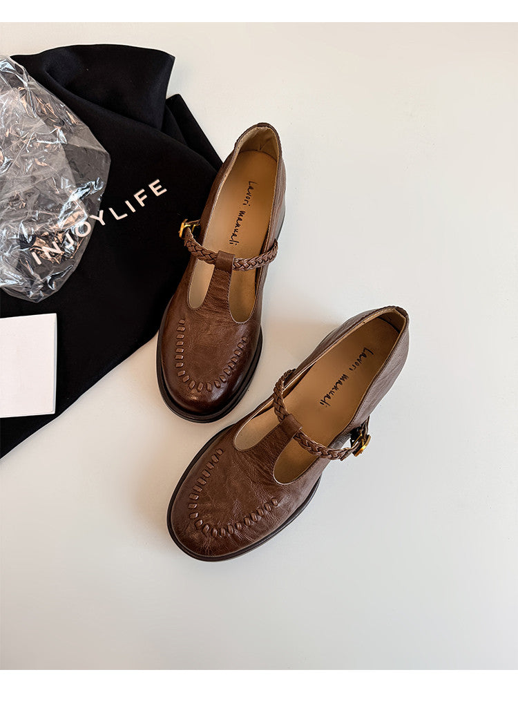 Karin Luna In Stock Spot Goods Vintage Braided Twist High Heels T Round Toe Thick Sole Single Shoes