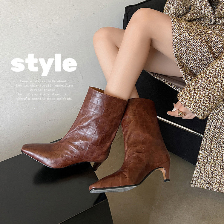 Karin Luna In Stock Spot Goods Top Layer Stone Pattern Cowhide Textured Small Square Toe Straight Short Boots