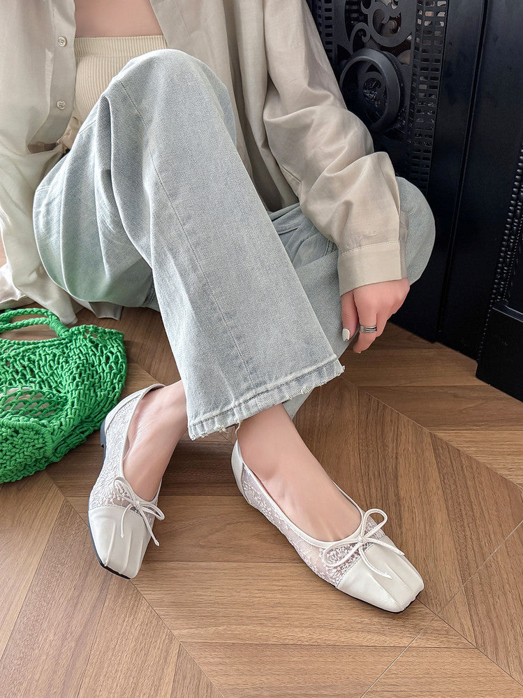 Karin Luna In Stock In Stock  Wrinkled Square Toe Patchwork Breathable Mesh Bow Granny Shoes