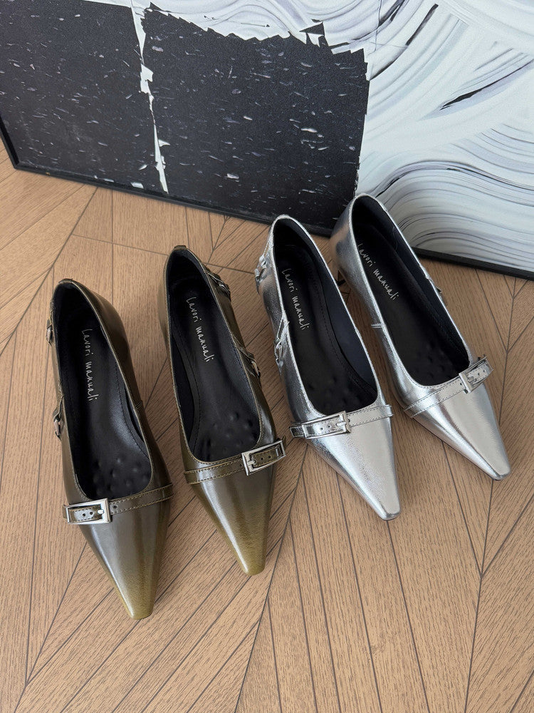 Karin Luna In Stock In Stock Retro Belt Buckle Small Square Toe Chunky Heel Single Shoes