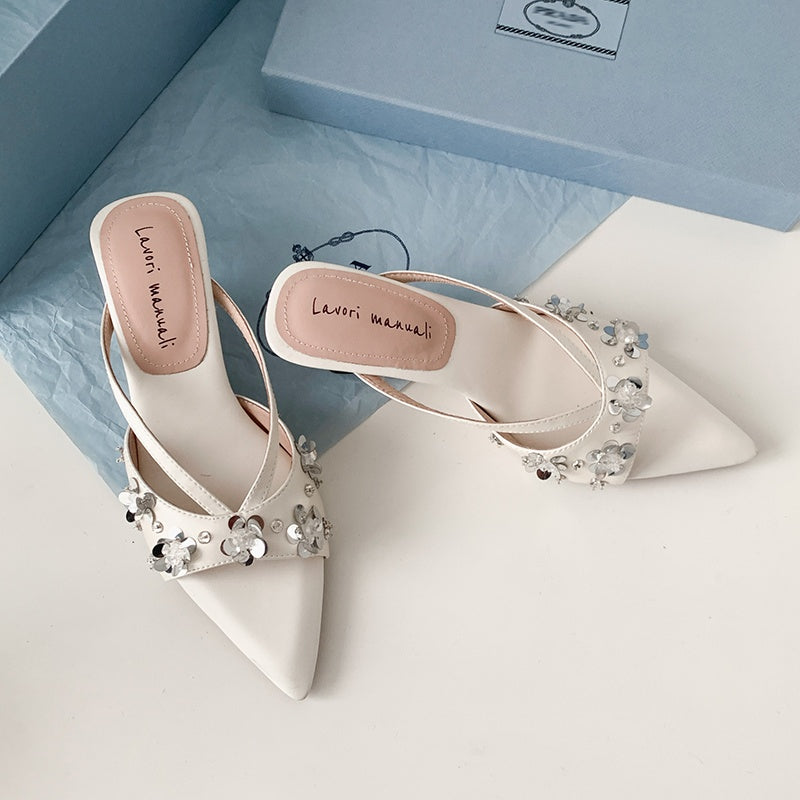 Karin Luna Bestseller Sequin Elements Elegant Pointed Toe Irregular Heel Slippers