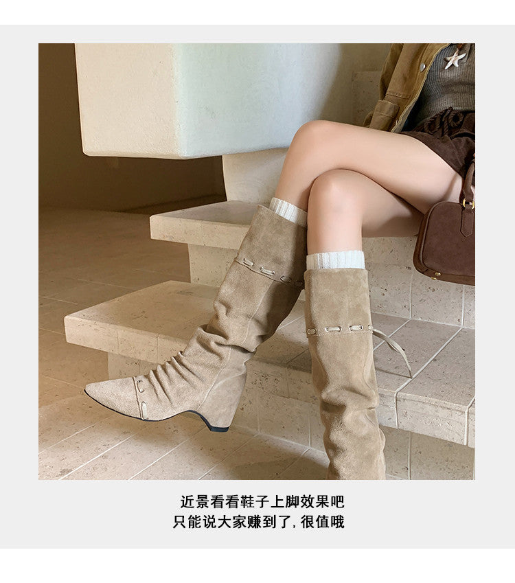 Karin Luna Elegant Style  Pointed Toe Pleated Hidden Wedge Western Boots