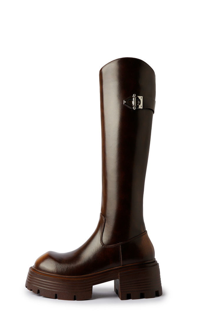Karin Luna In Stock In Stock  Round Toe Thick Sole Belt Buckle Side Zipper Knight Boots