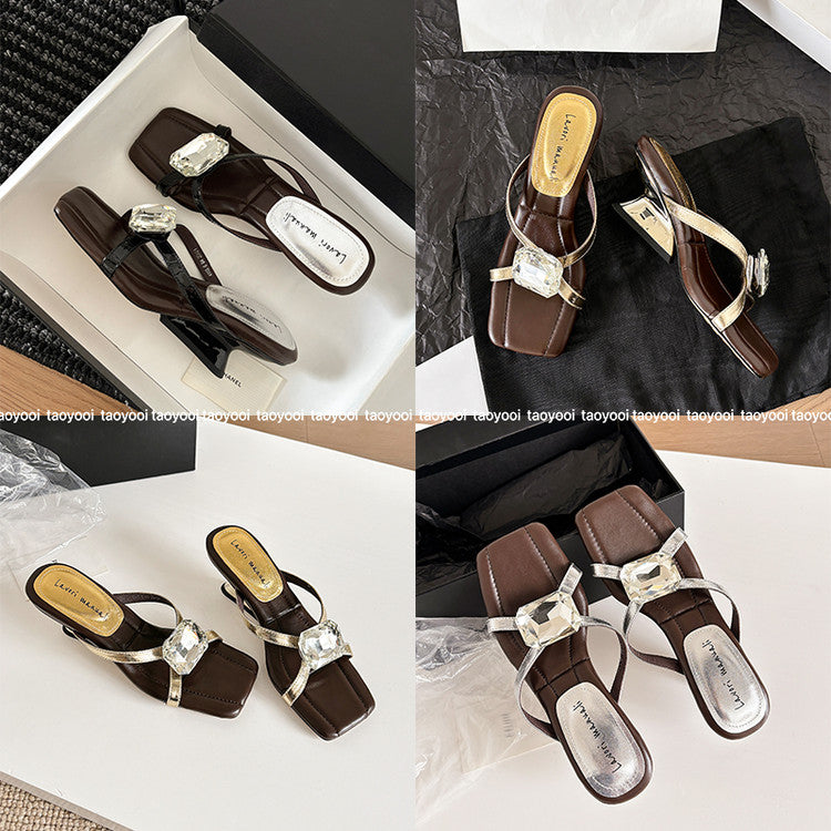 Karin Luna In Stock Spot Goods Rhinestone Square Toe Irregular Heel Slippers