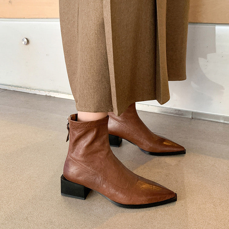 Karin Luna Elegant Style Pointed Toe Chunky Heel Short Boots