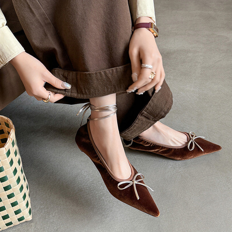Karin Luna In Stock In Stock Retro Velvet Pointed Toe Bowknot Single Shoes