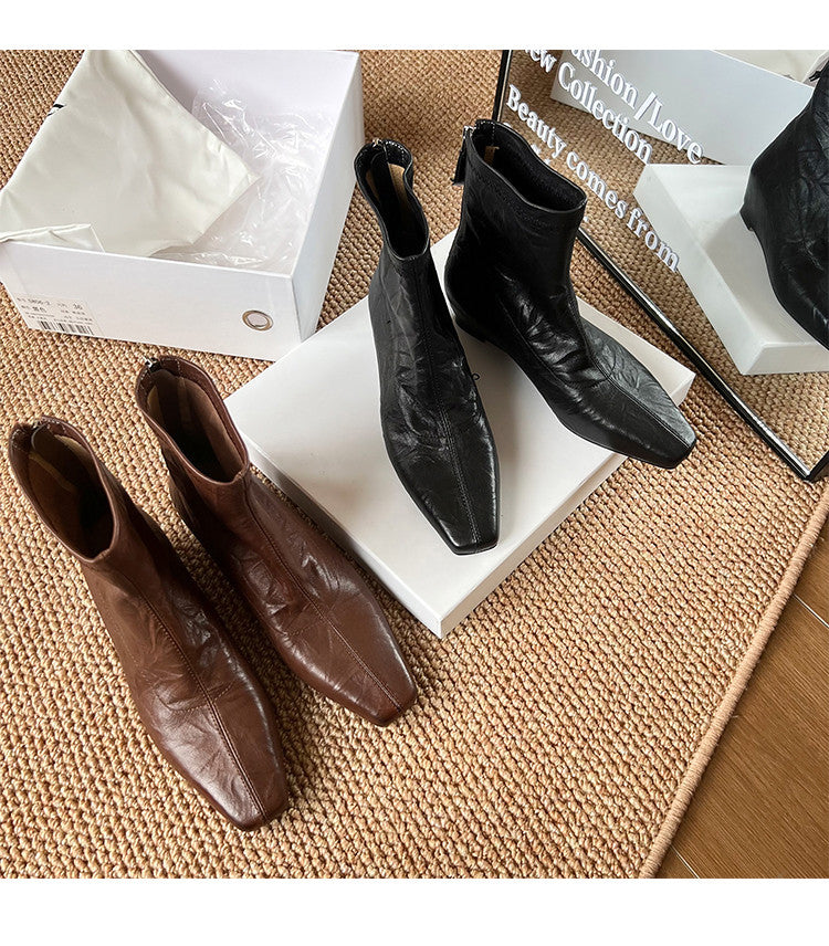 Karin Luna In Stock Spot Goods Slim Series  Hidden Wedge Small Square Toe Back Zipper Short Boots