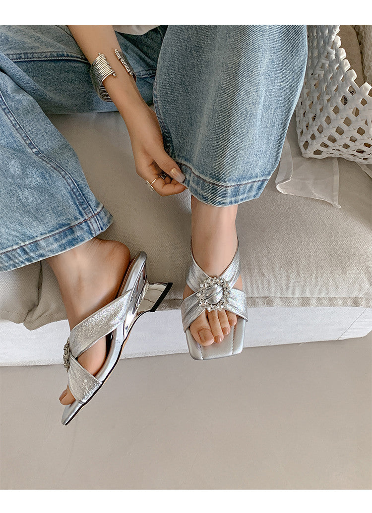 Karin Luna In Stock In Stock Elegant Square-Toe Cross-Strap Rhinestone Square-Toe Slippers
