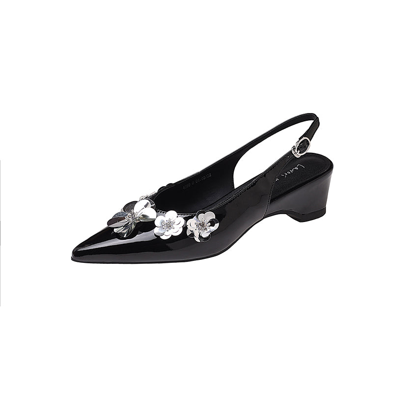 Karin Luna In Stock In Stock  Sequin Floral Pointed Toe Chunky Heel Closed-Toe Sandals