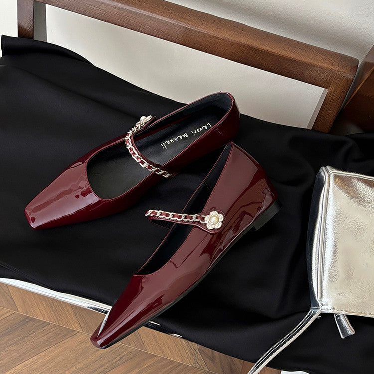 Karin Luna In Stock In Stock ~Metal One-Strap Pearl Small Square Toe Height-Increasing Flats
