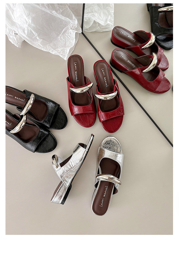 Karin Luna In Stock Spot Goods  Metal Buckle Round Toe Strap Slippers