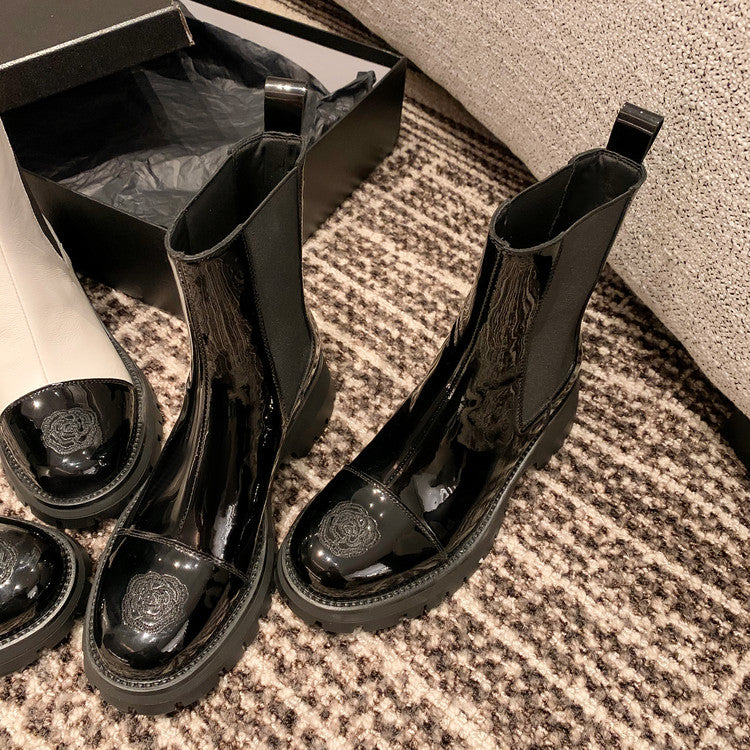 Karin Luna In Stock Spot Goods  Classic Embroidered Camellia Round Toe Thick Sole Chelsea Boots