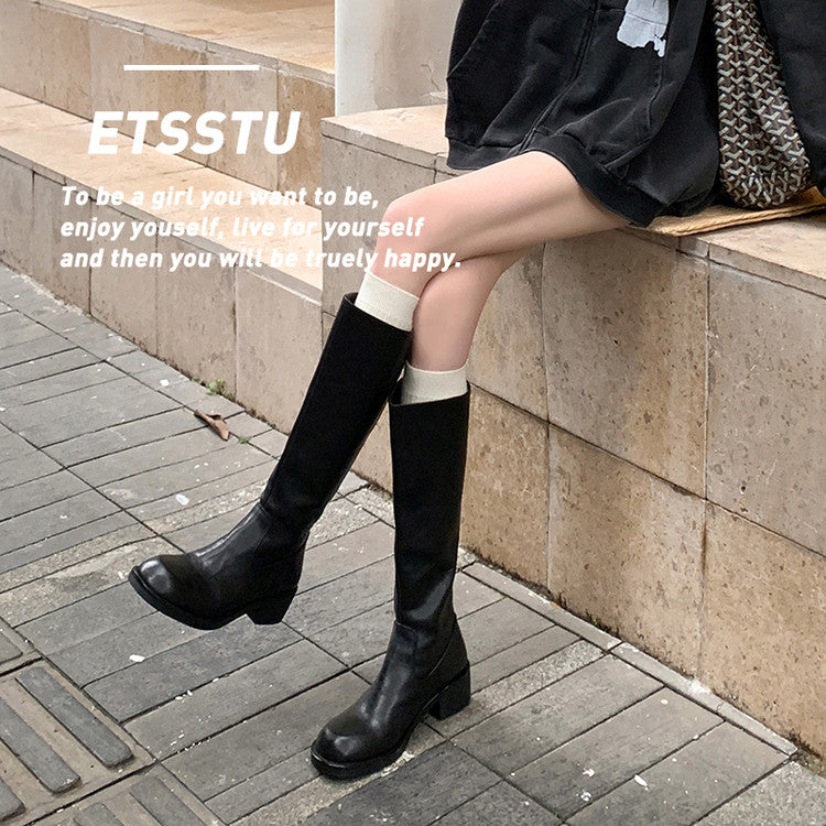Karin Luna Basic Versatile Style Round Toe Chunky Heel Long Boots