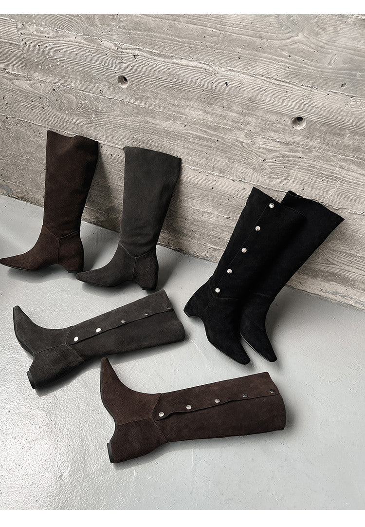 Karin Luna Bestseller Hot-Selling Hidden Buckle Lazy Style Square-Toe Height-Increasing Suede Western Boots