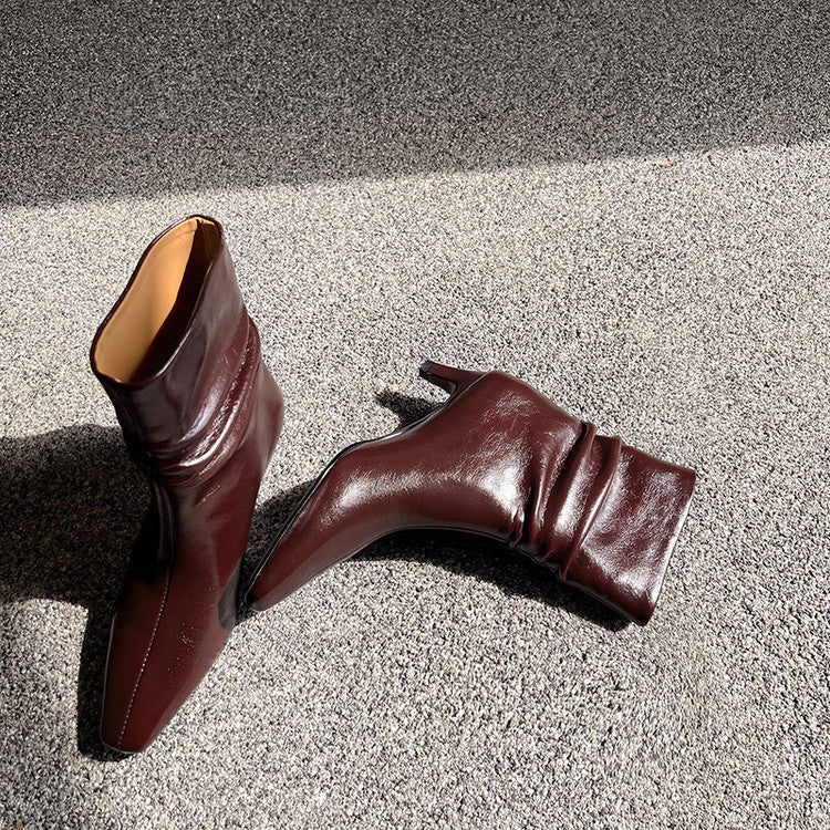 Karin Luna In Stock Spot Goods  Retro Wrinkled Small Square Toe Short Boots