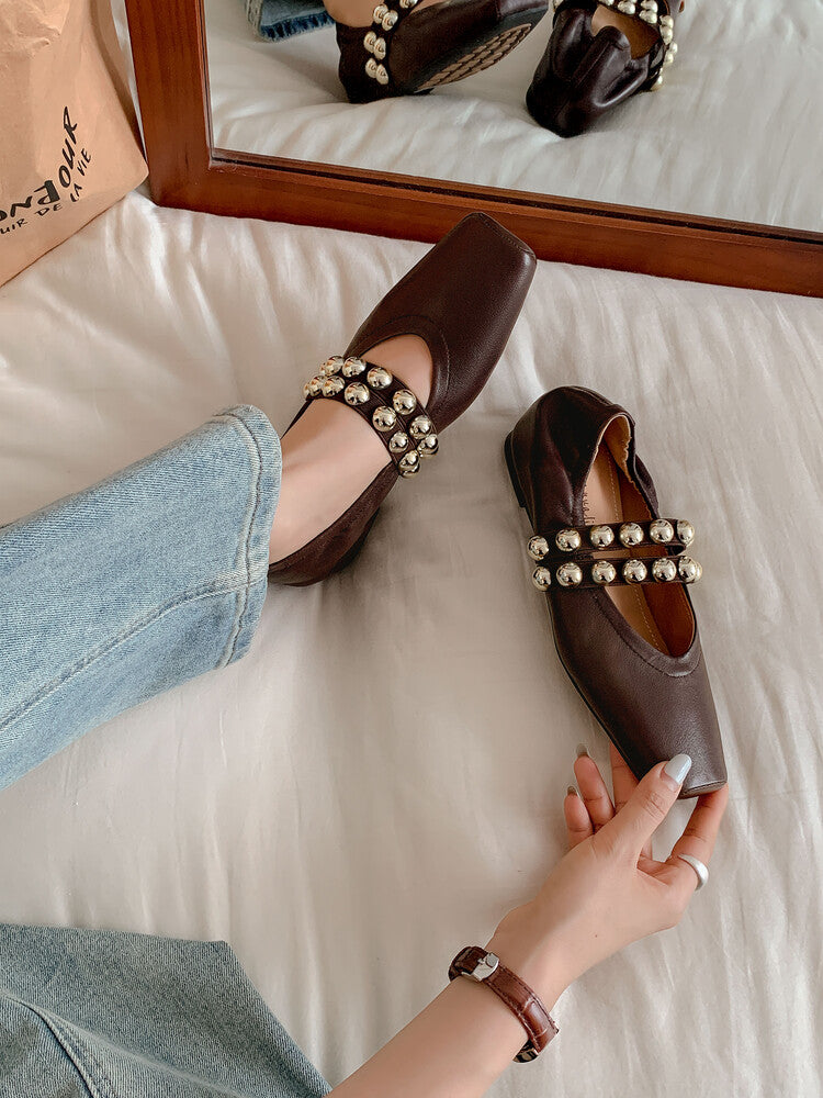 Karin Luna In Stock Spot Goods  Pig Nose Metal Strap Super Soft Granny Full Leather Mary Jane Shoes