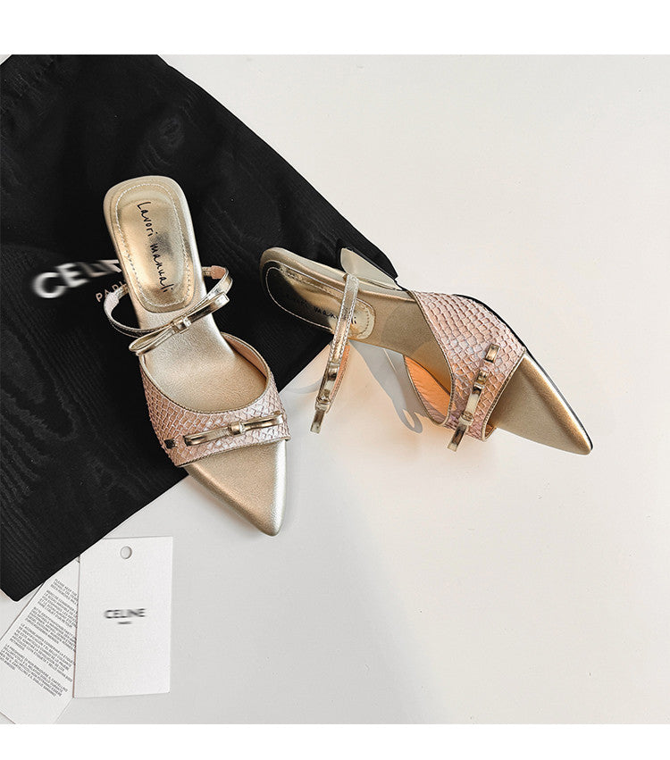 Karin Luna Fish Skin Series~Pointed Toe Irregular Heel Bowknot Strap Slippers
