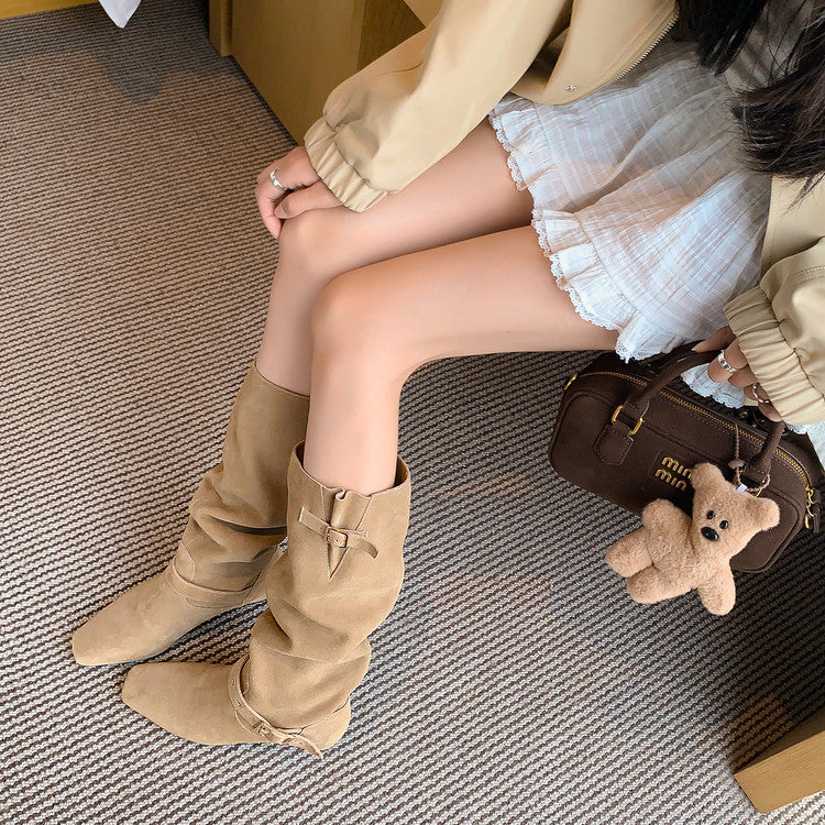 Karin Luna Data Model Belt Buckle Matte Square Toe Hidden Wedge Slouch Western Boots