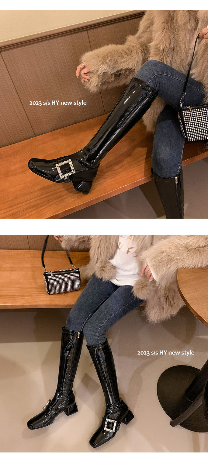 Karin Luna Elegant Style Ultra Slimming Rhinestone Chunky Heel British Style Riding Boots Long Boots