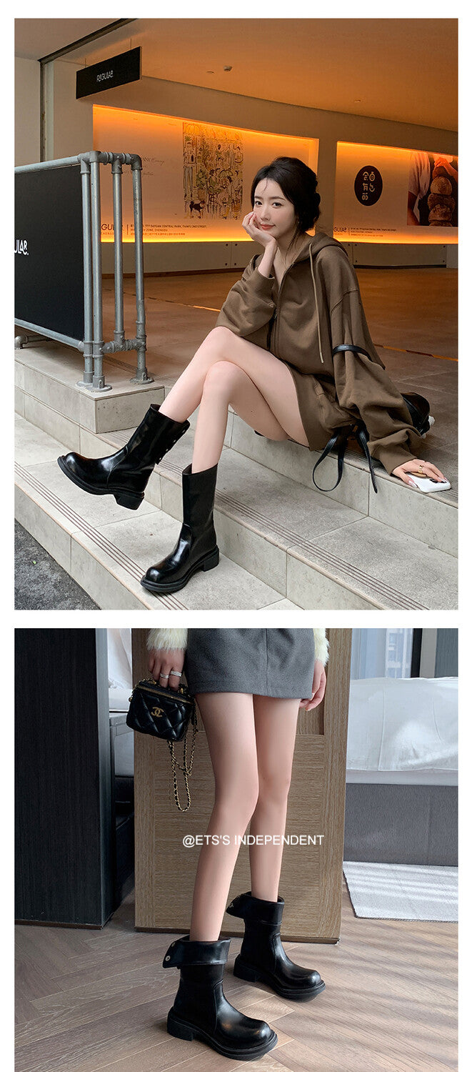 Karin Luna Classic Basic Style   Convertible Foldable Hidden Buckle Snow Fur Shoes Full cowhide Basic Flat Short Boots