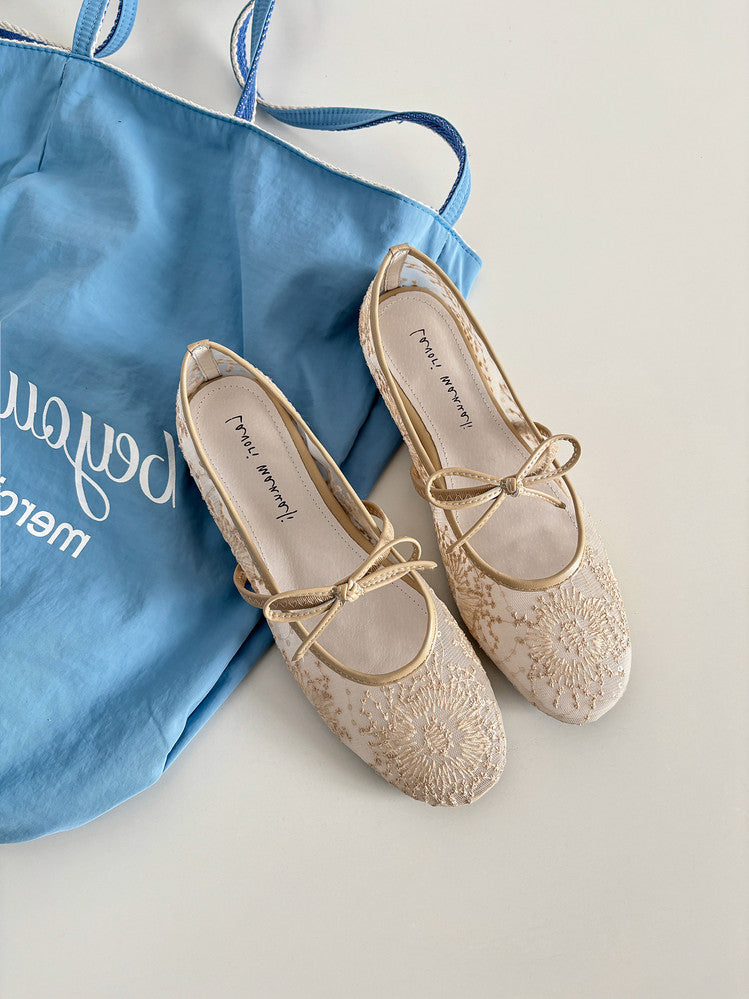 Karin Luna In Stock Spot Goods  Summer Breathable Retro Embroidered Bow Granny Shoes