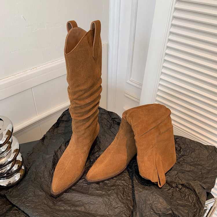 Karin Luna Elegant Style  Pointed Toe Wrinkled Wide Western Boots