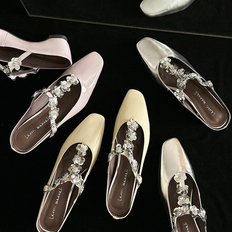 Karin Luna In Stock Spot Goods  T Handmade Sequin Flower Square Toe Height-Increasing Closed-Toe Slippers