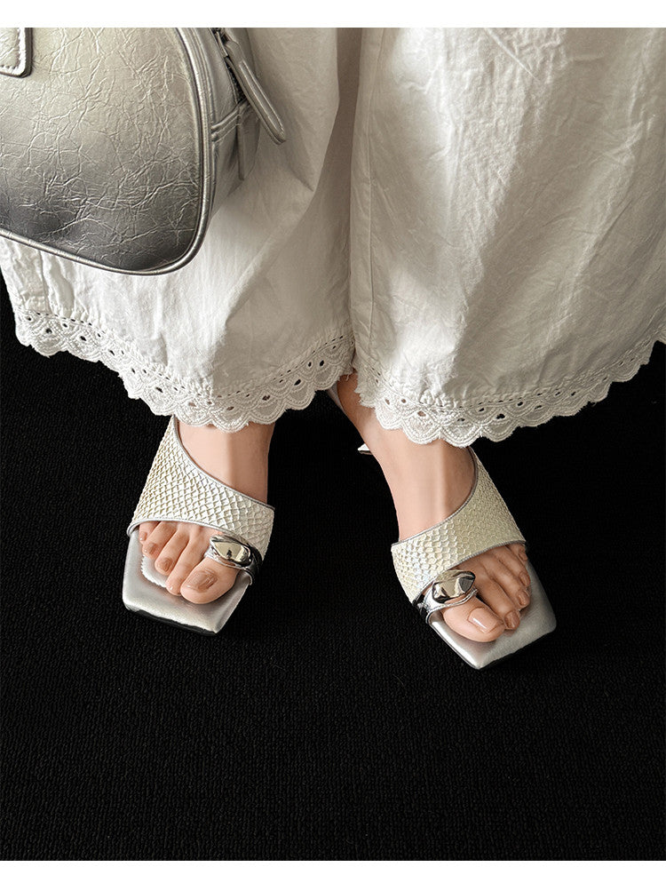 Karin Luna Fish Skin Series~Minimalist Square Toe Popular Irregular Heel Slippers