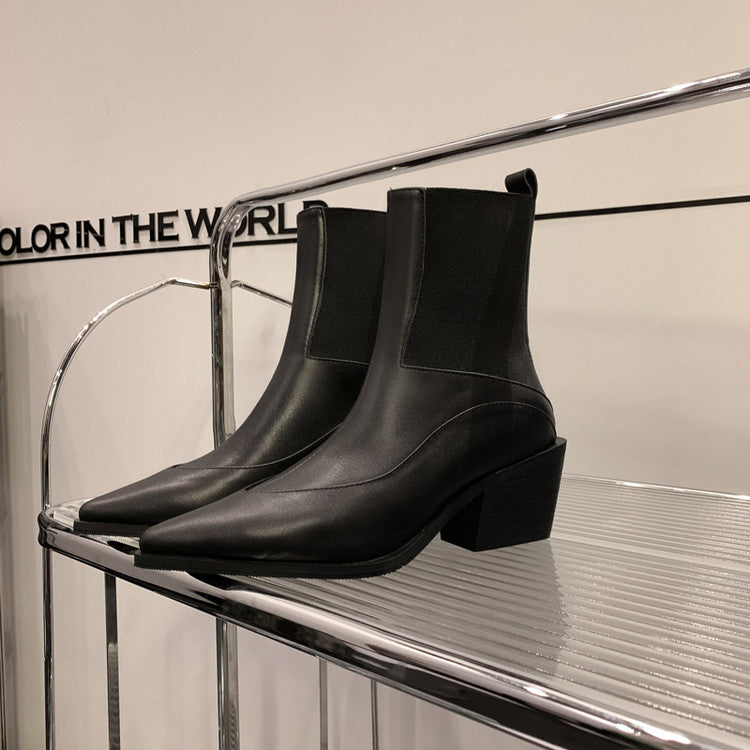 Karin Luna In Stock Spot Goods   Elegant Pointed Toe Chunky Heel Ankle Boots
