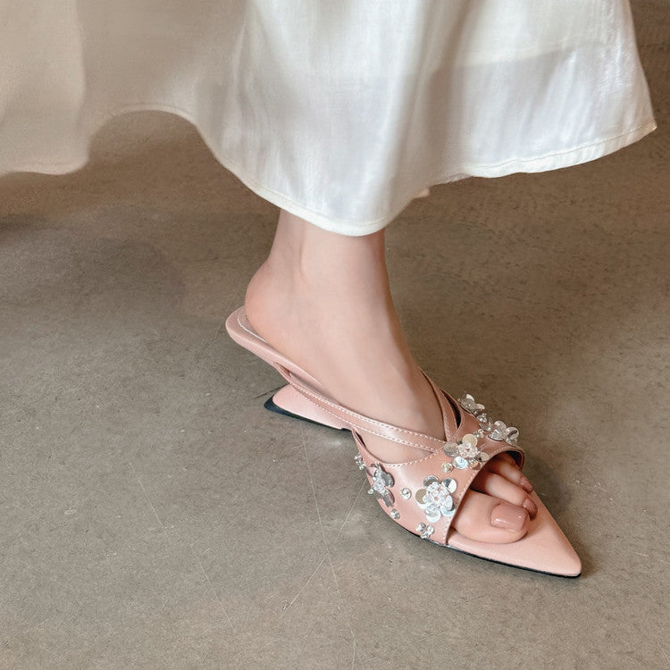 Karin Luna Bestseller Sequin Elements Elegant Pointed Toe Irregular Heel Slippers