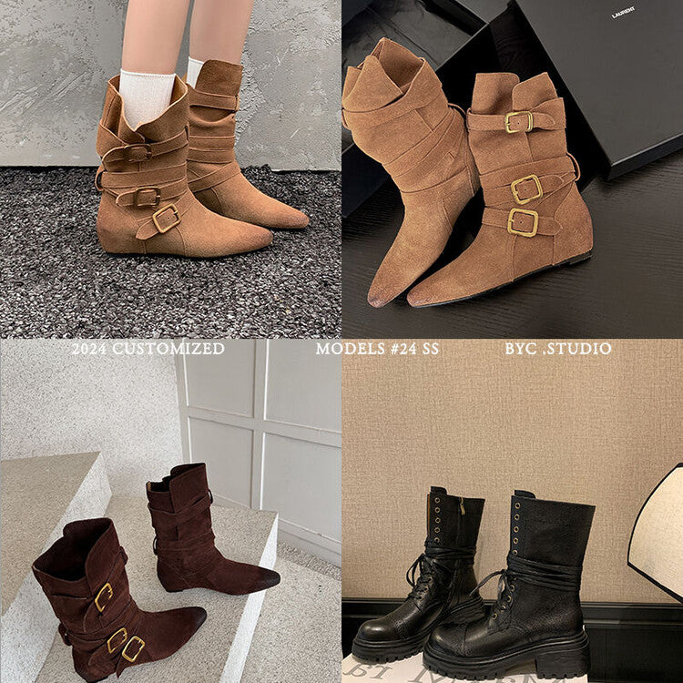Karin Luna Cow Leather Small Square Toe Belt Buckle Fashion Boots