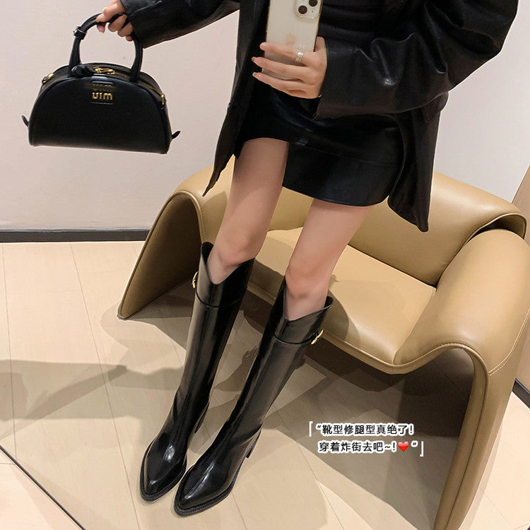 Karin Luna Classic Model In Stock Spot Goods  Elegant Belt Buckle Pointed Toe Chunky Heel Long Boots