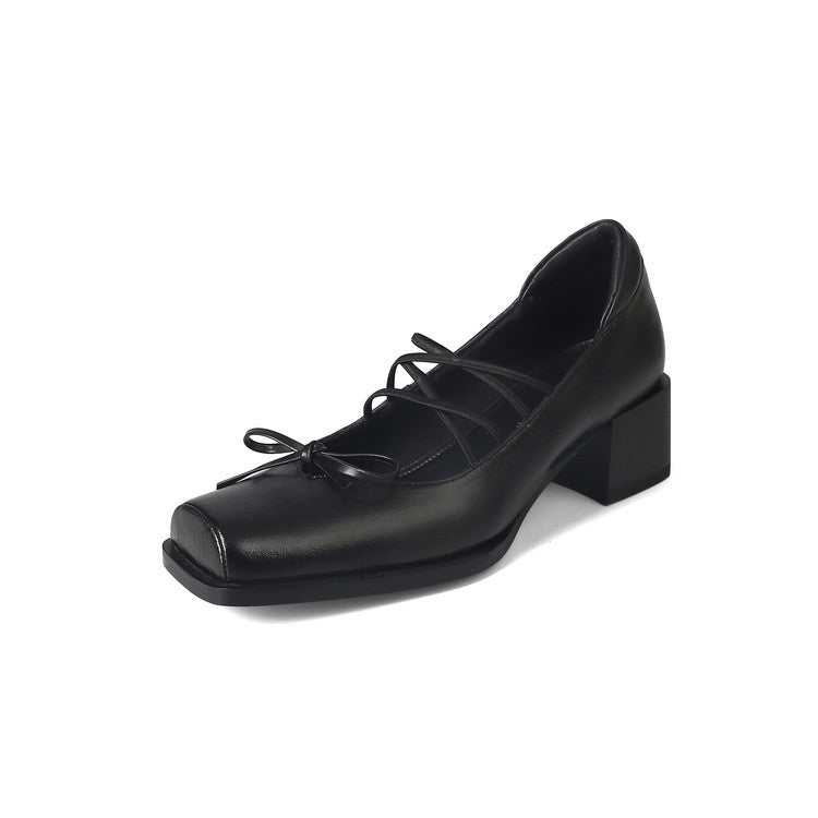 Karin Luna In Stock Spot Goods  Popular Self-flowing Bowknot Square Toe Chunky Heel Single Shoes