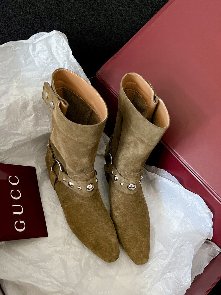 Karin Luna has prepared stock  Hot-Selling Retro Pointed Toe Wedge Metal Buckle High Tube Western Boots