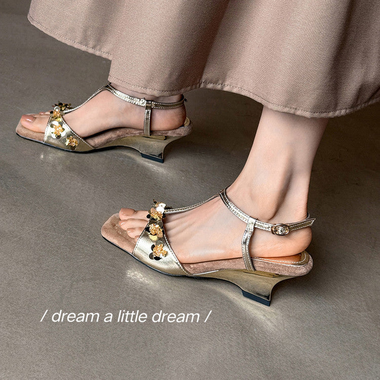 Karin Luna Hot-Selling Sequin Floral Series ~  Square Toe Irregular Heel Square Toe Sandals