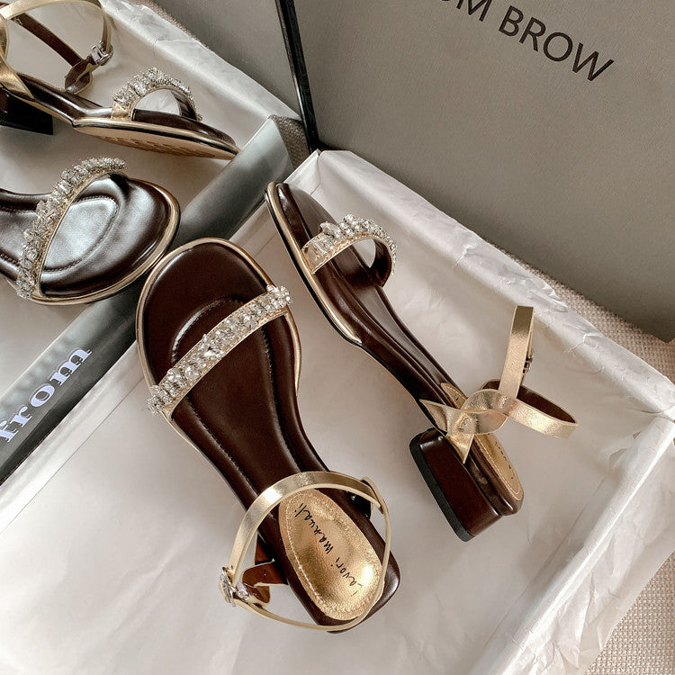 Karin Luna In Stock In Stock  Rhinestone Strap Round Toe Chunky Heel Sandals