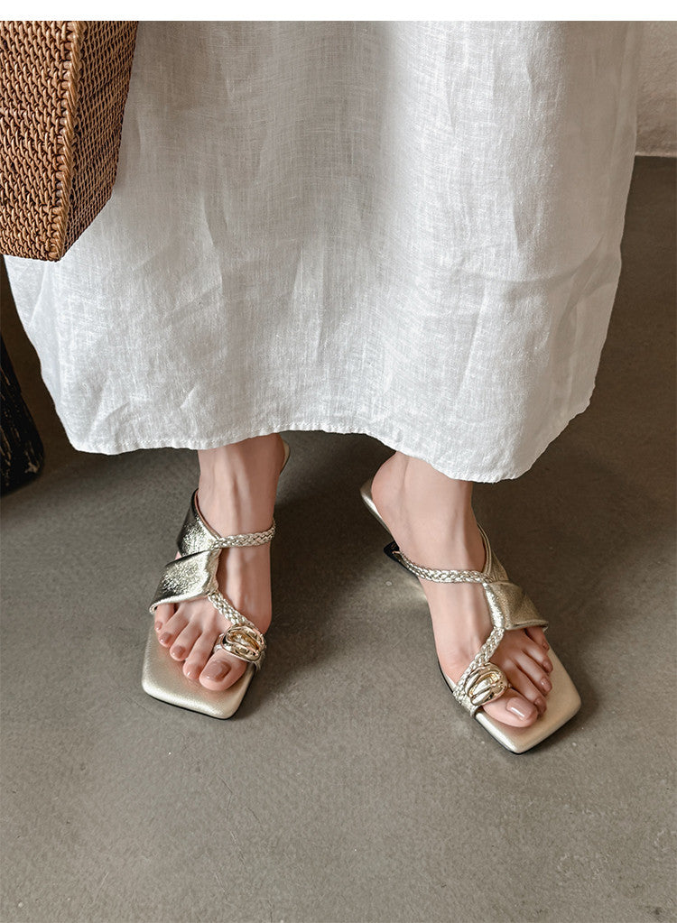 Karin Luna Braided Style ~Cross Strap Square Toe Irregular Heel Slippers
