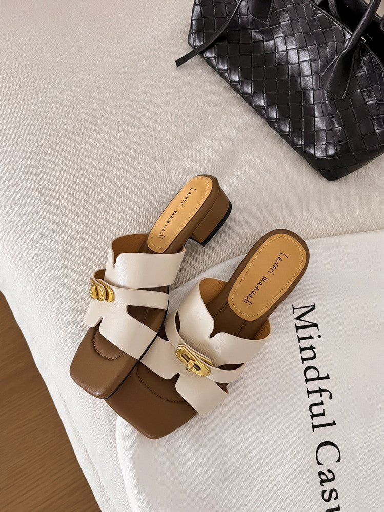 Karin Luna Comfortable Gold Buckle Square Toe Chunky Heel Casual Style Slippers