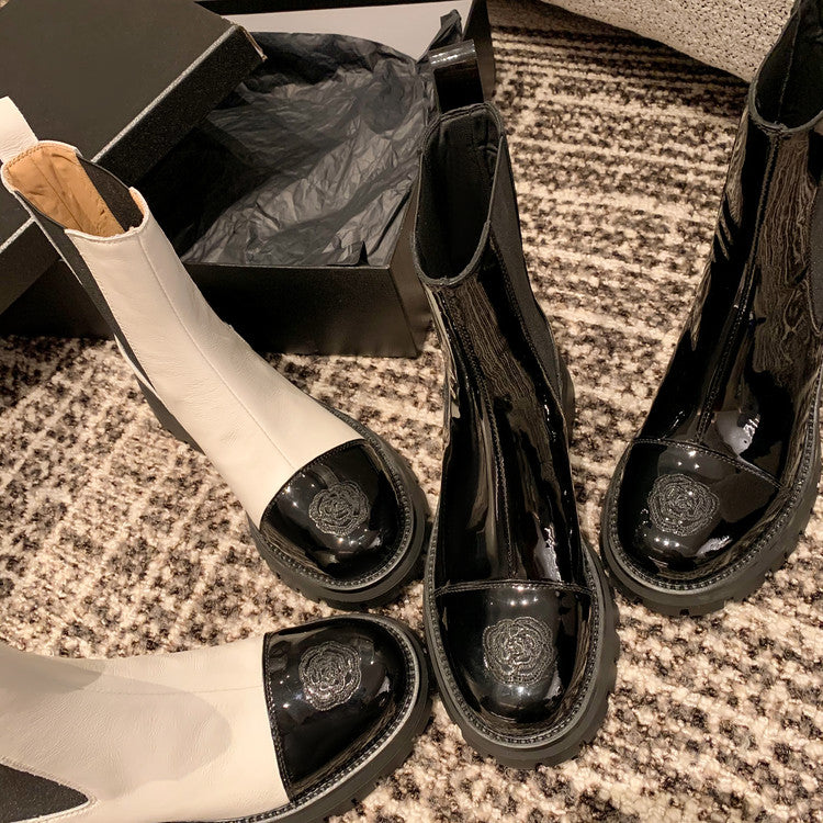 Karin Luna In Stock Spot Goods  Classic Embroidered Camellia Round Toe Thick Sole Chelsea Boots
