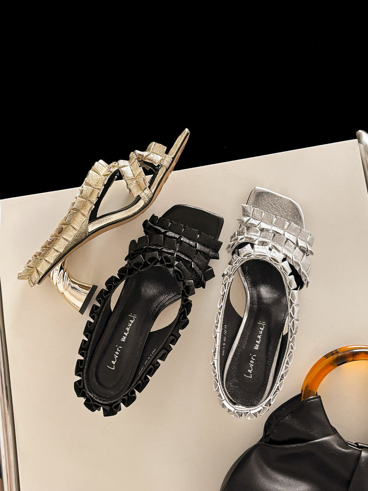 Karin Luna In Stock  Spot Goods  Unique Square-Toe Pleated Lace Sandals