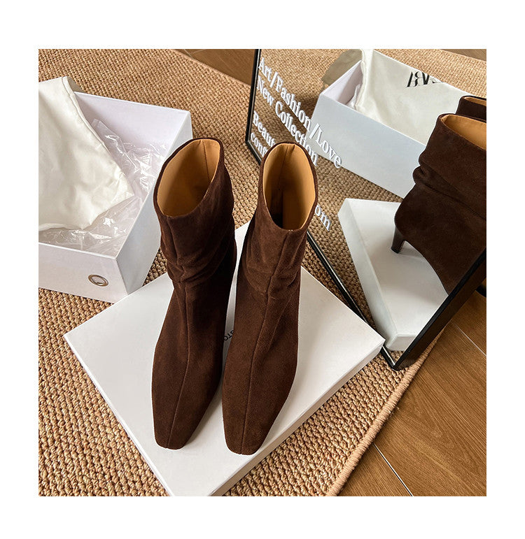 Karin Luna In Stock Spot Goods  Retro Wrinkled Small Square Toe Short Boots