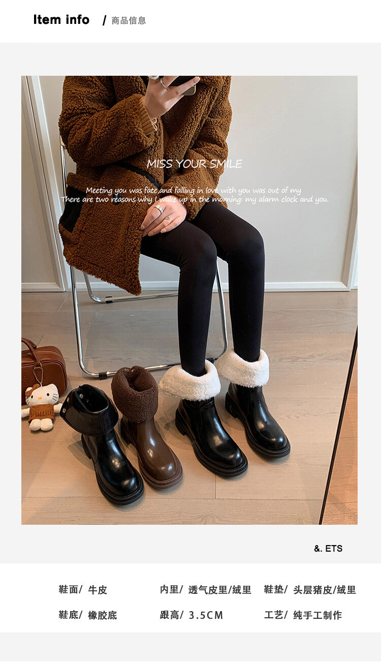 Karin Luna Classic Basic Style   Convertible Foldable Hidden Buckle Snow Fur Shoes Full cowhide Basic Flat Short Boots