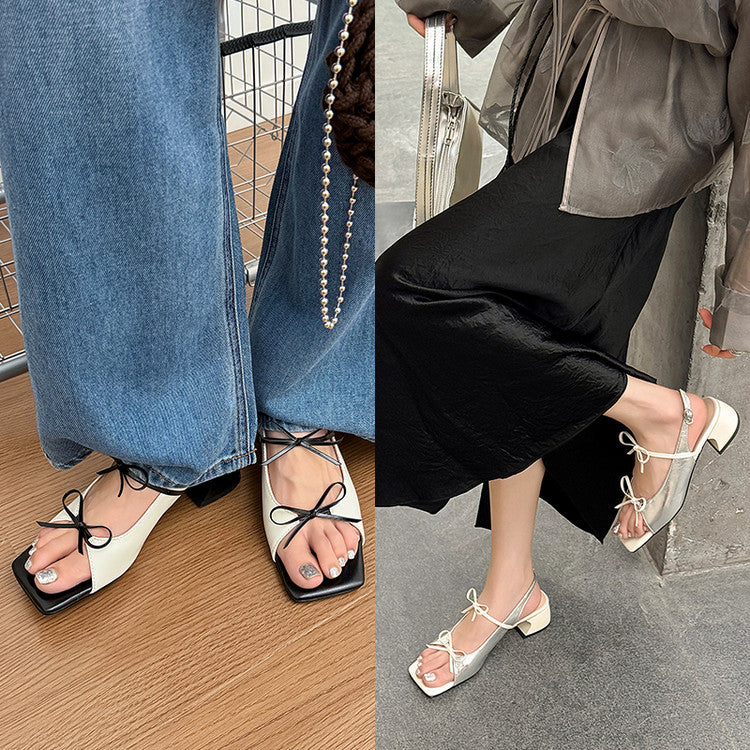 Karin Luna In Stock Spot Goods Square Toe Double Bow Thick Heel Sandals